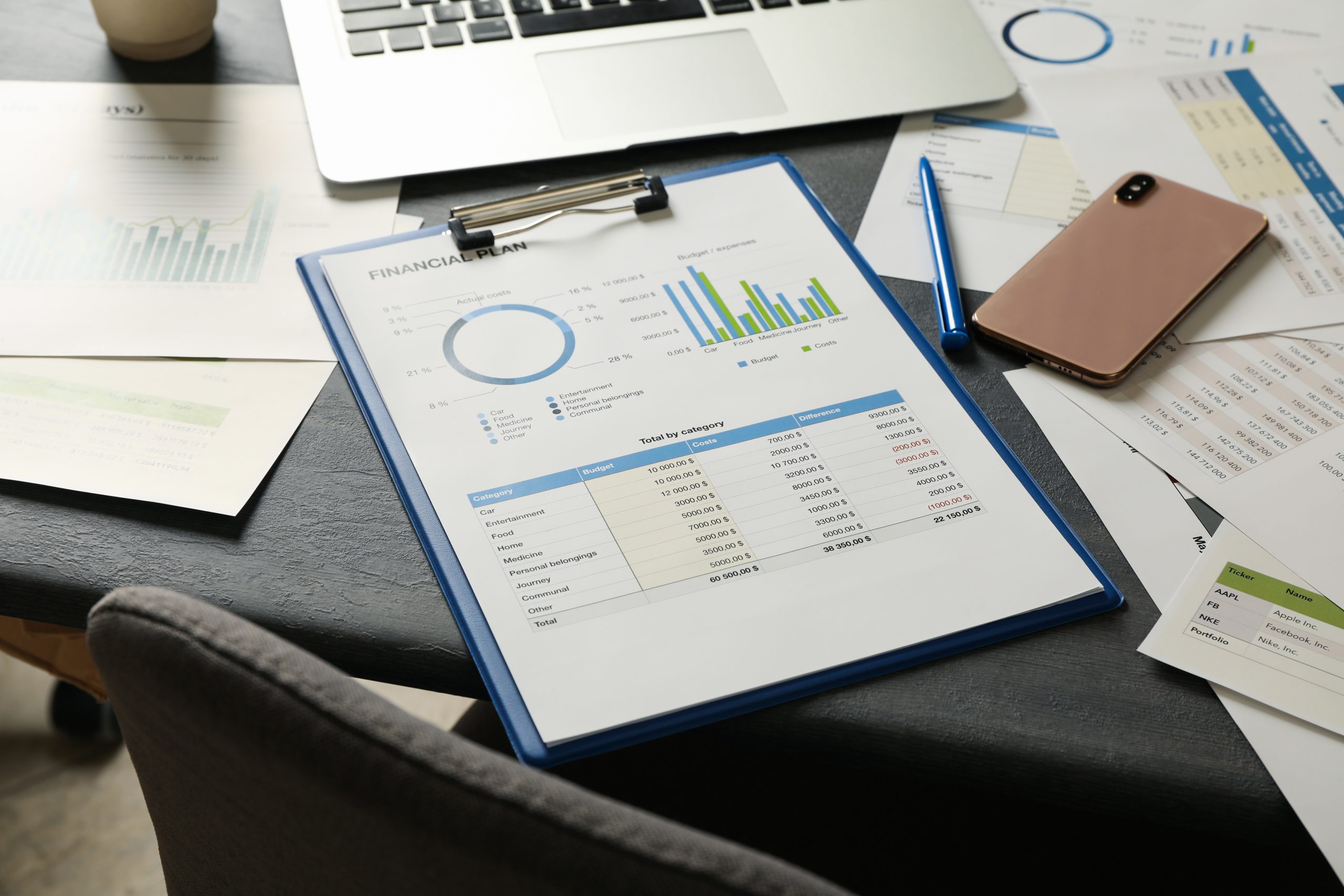 Concept of financial planning on gray wooden table